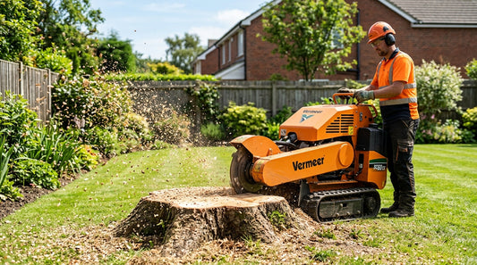 Rogneuse professionnelle en train de rogner une souche d'arbre dans un jardin résidentiel