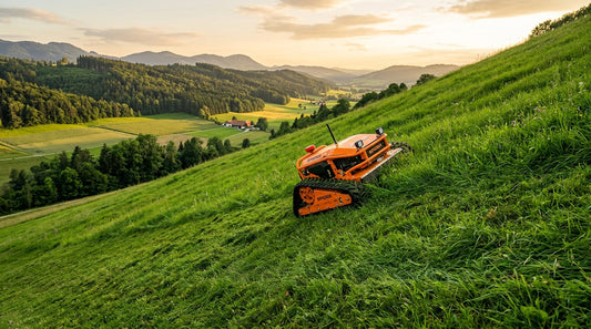 Tondeuse radiocommandée orange sur un talus en forte pente, entretien des grands espaces verts